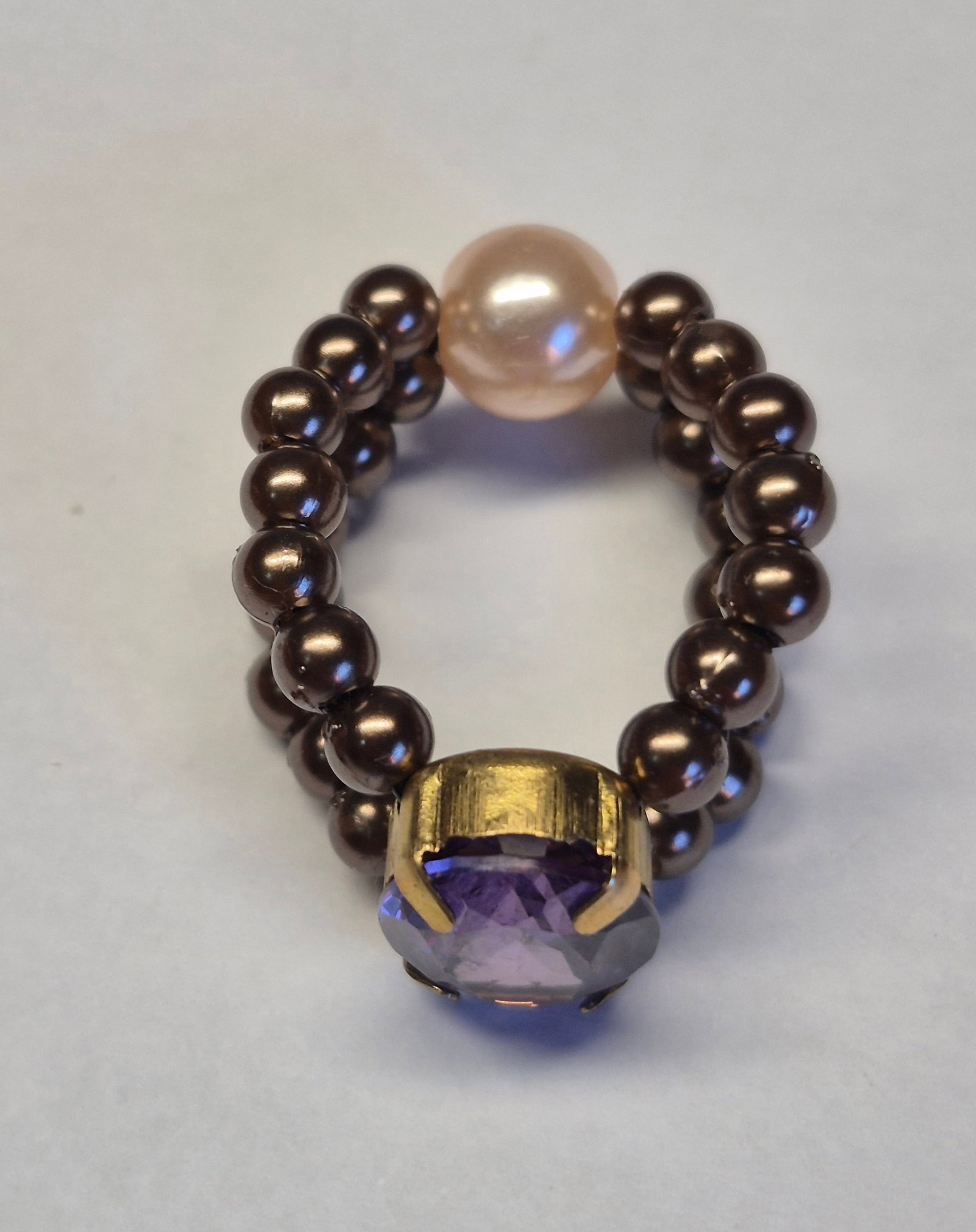 Elastic Ring With Purple Amethyst & Pearl Beads – Size 16 - 3