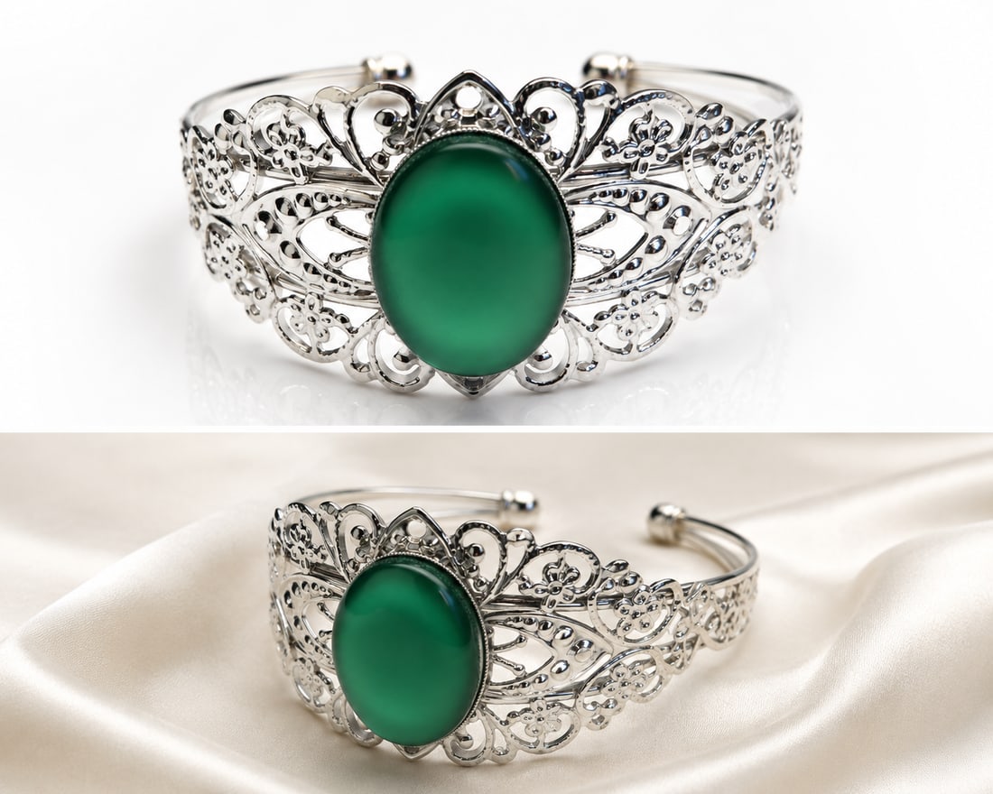 Green Cabochon Cuff Bracelet – Rhodium Plated Filigree Bracelet: Title: Green Cabochon Cuff Bracelet – Rhodium Plated Filigree Bracelet Description: Elegant rhodium-plated cuff bracelet featuring a polished green cabochon centrepiece set within an intricate