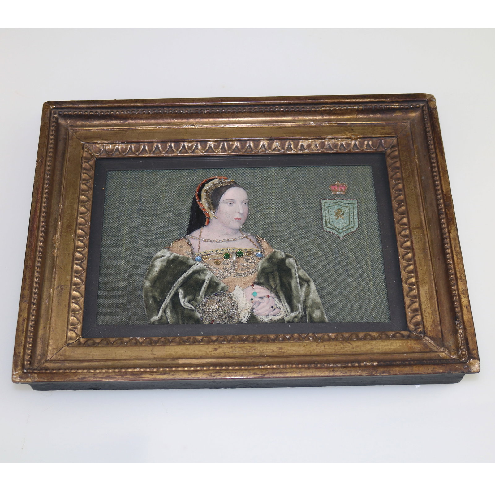 An Extremely Rare Commemorative Tinsel Print of Margaret Tudor Queen of Scots C.19thC: Title: An Extremely Rare Commemorative Tinsel Print of Margaret Tudor Queen of Scots C.19thC Description: A particularly fine and extremely rare Museum quality framed Commemorative Tinsel Print of