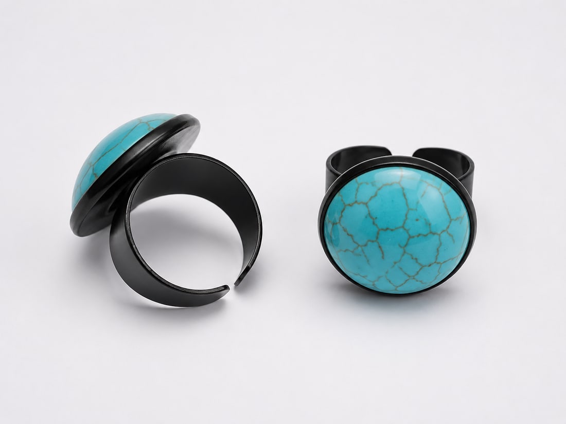 Black Stainless Steel Ring With Turquoise Cabochon – Adjustable Size: Title: Black Stainless Steel Ring With Turquoise Cabochon – Adjustable Size Description: Contemporary adjustable ring crafted from black stainless steel and set with a striking turquoise