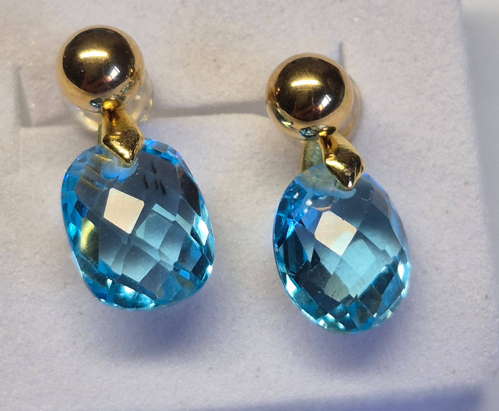 Natural Swiss Blue Topaz Drop Earrings – 10x8 mm Faceted Gemstones, Gold Tone Stud Design - 2