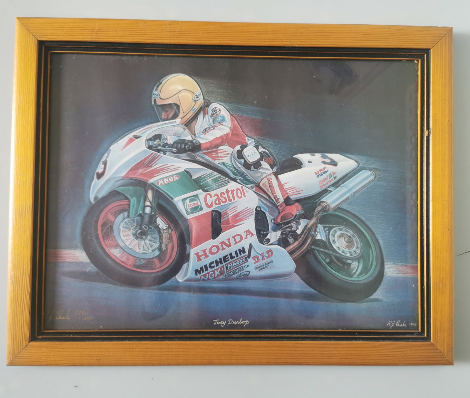 Rare Joey Dunlop Castrol Honda Print - R.J. Thale 1995 - Signed & Numbered: Title: Rare Joey Dunlop Castrol Honda Print - R.J. Thale 1995 - Signed & Numbered Description: limited edition framed print featuring the legendary motorcycle road racer, Joey Dunlop, aboard his