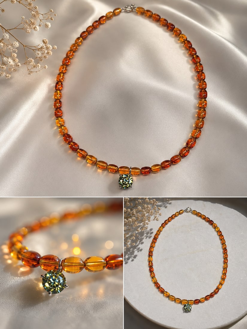 2.00 Ct Olive Green Moissanite Pendant Necklace With Certificate – Amber Tone Beads: Title: 2.00 Ct Olive Green Moissanite Pendant Necklace With Certificate – Amber Tone Beads Description: Elegant handcrafted necklace featuring warm amber-tone beads and a brilliant 2.00 carat
