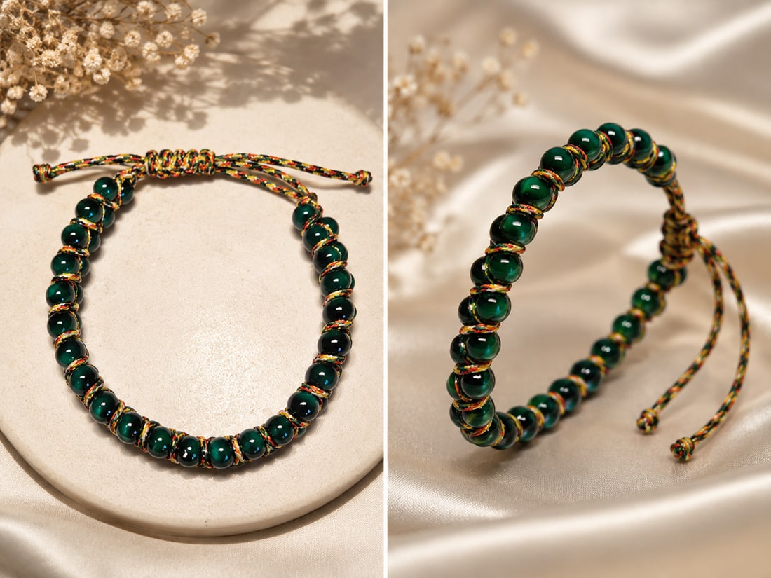 Handcrafted Green Stone Adjustable Bracelet – Bohemian Style: Title: Handcrafted Green Stone Adjustable Bracelet – Bohemian Style Description: Handcrafted adjustable bracelet featuring polished deep-green gemstone beads woven with a colourful braided