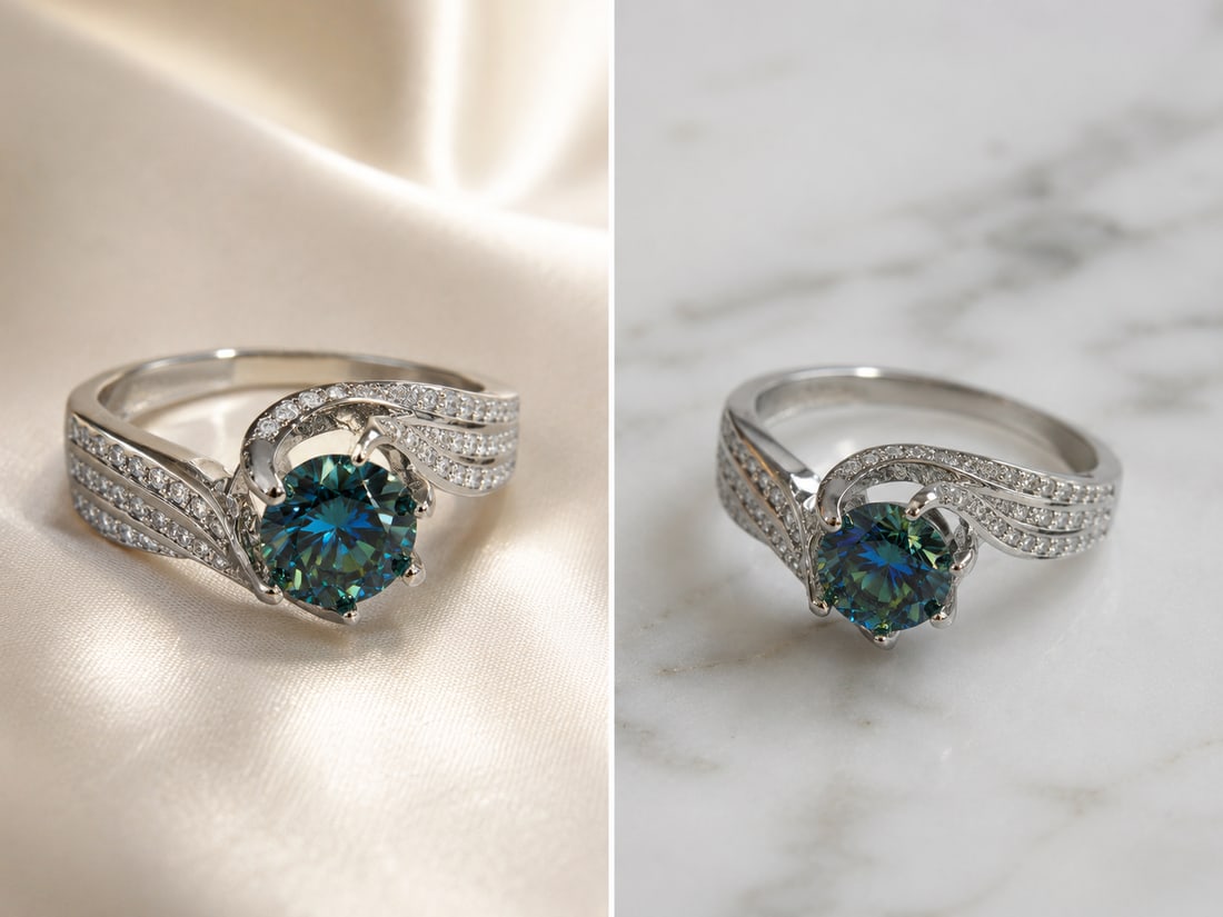 2.00 Ct Green Moissanite Ring – Silver Plated Statement Ring: Title: 2.00 Ct Green Moissanite Ring – Silver Plated Statement Ring Description: Elegant silver-plated ring featuring a dazzling 2.00 carat green moissanite in a brilliant round cut. The
