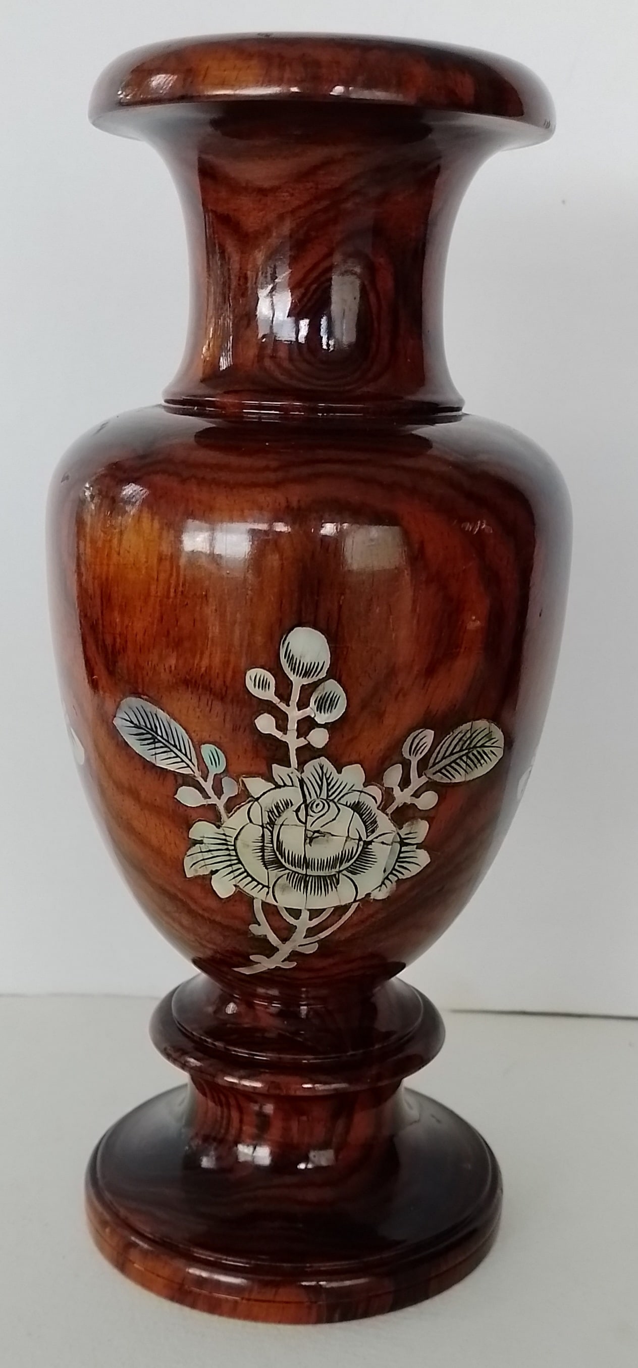 Wood Turned Vase With Mother of Pearl Inlay.: Title: Wood Turned Vase With Mother of Pearl Inlay. Description: Turned wood vase with Mother of Pearl inlayed flower and butterflies either side. Approx 20cm tall and base 8cm Condition: