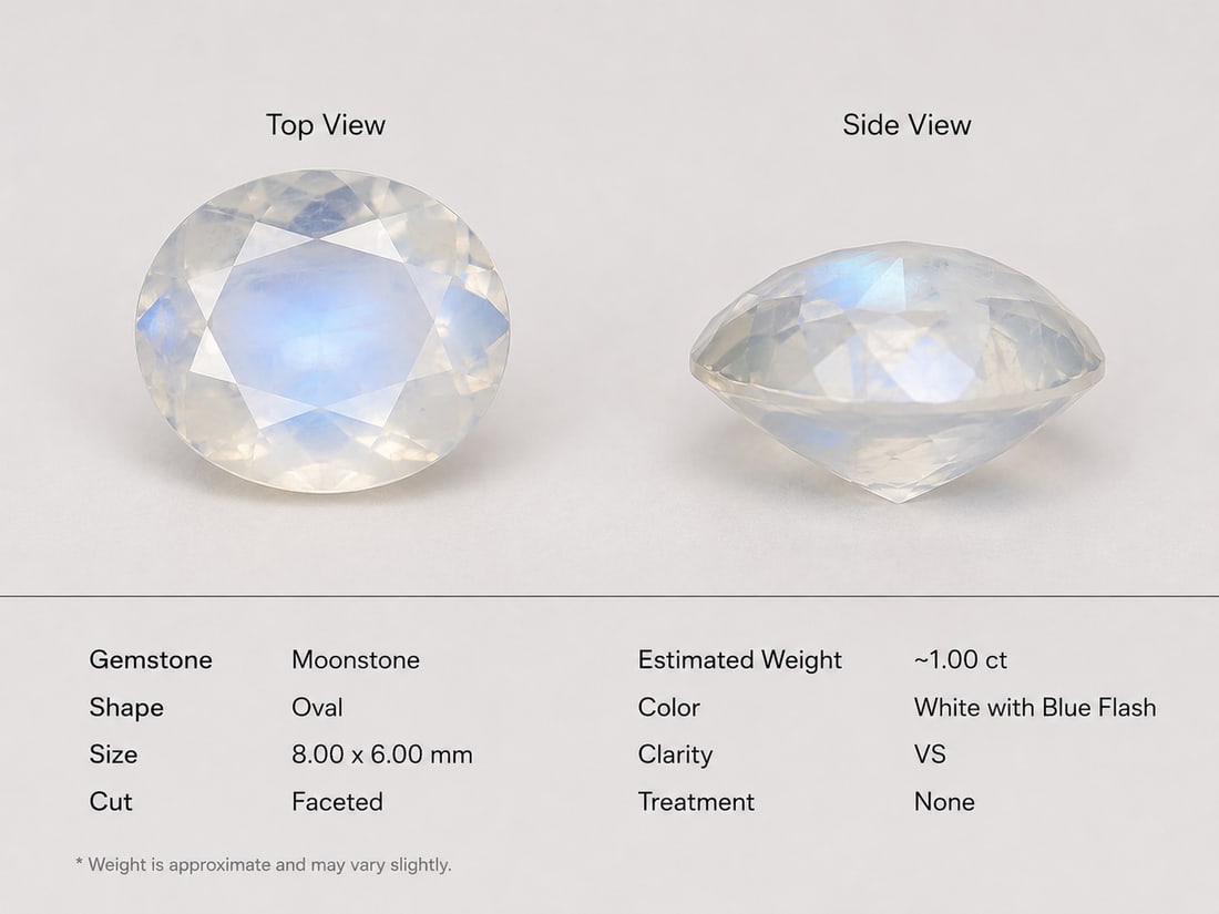 Natural Moonstone Oval Faceted Gemstone 8x6 mm – White With Blue Flash: Title: Natural Moonstone Oval Faceted Gemstone 8x6 mm – White With Blue Flash Description: Beautiful natural Moonstone in an oval faceted cut measuring 8 x 6 mm. This gemstone displ