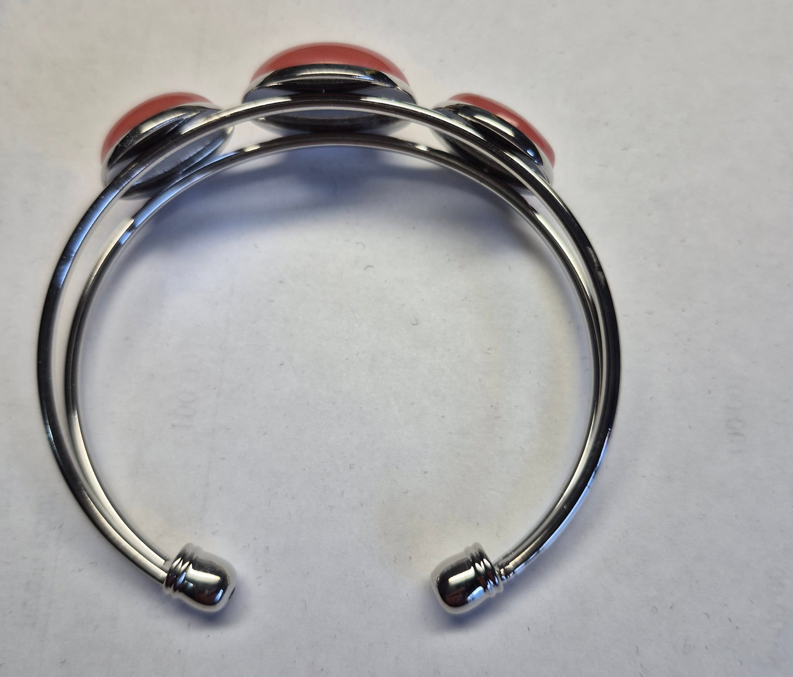 Stainless Steel Open Bangle Bracelet With Carnelian Cabochon Stones - 2