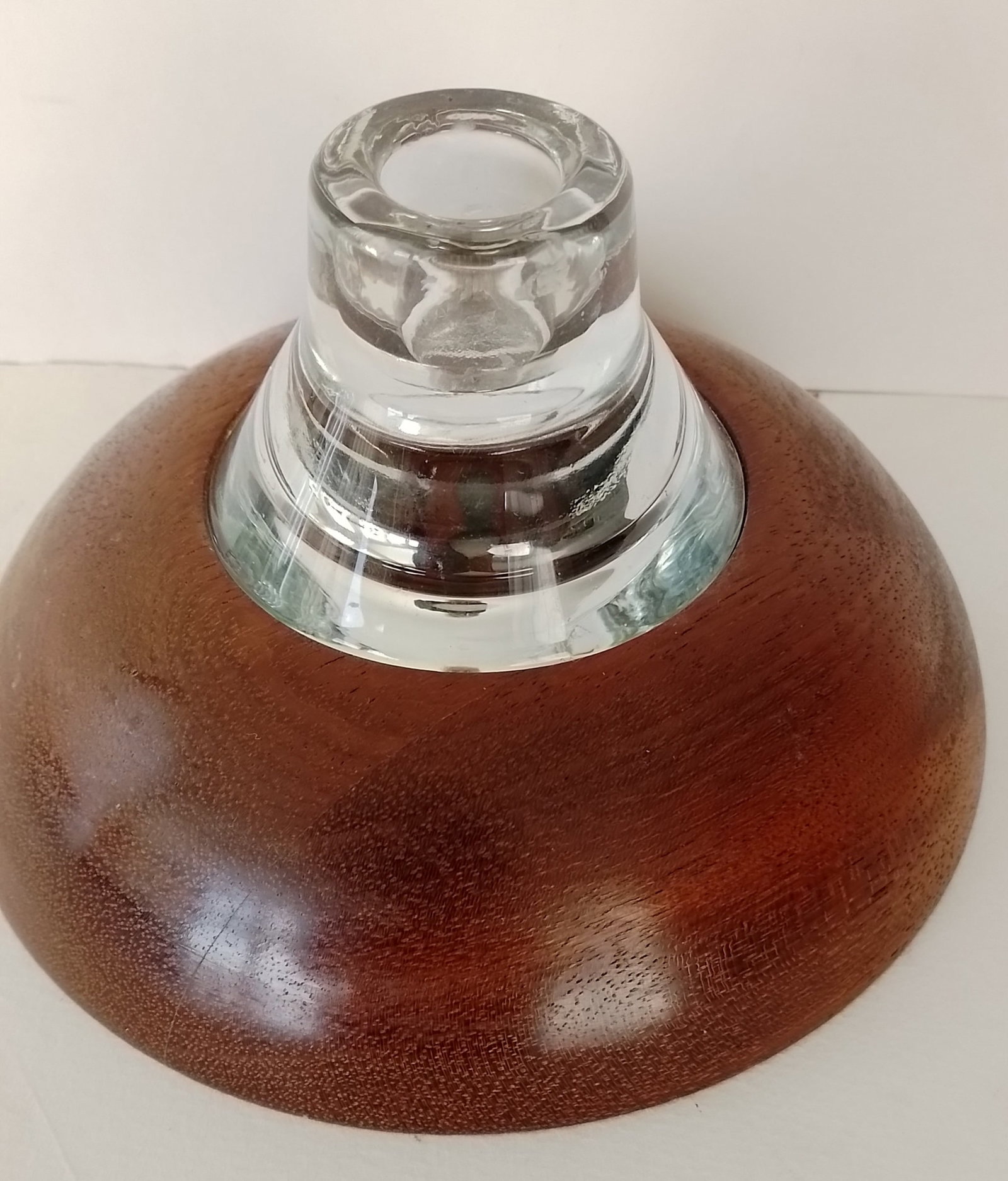 Unusual Desk Ink Stand: Title: Unusual Desk Ink Stand Description: A round wood base ink stand. with thick glass ink well that can be used 2 ways either small well or turn for a larger one. Approx 13cm tall and