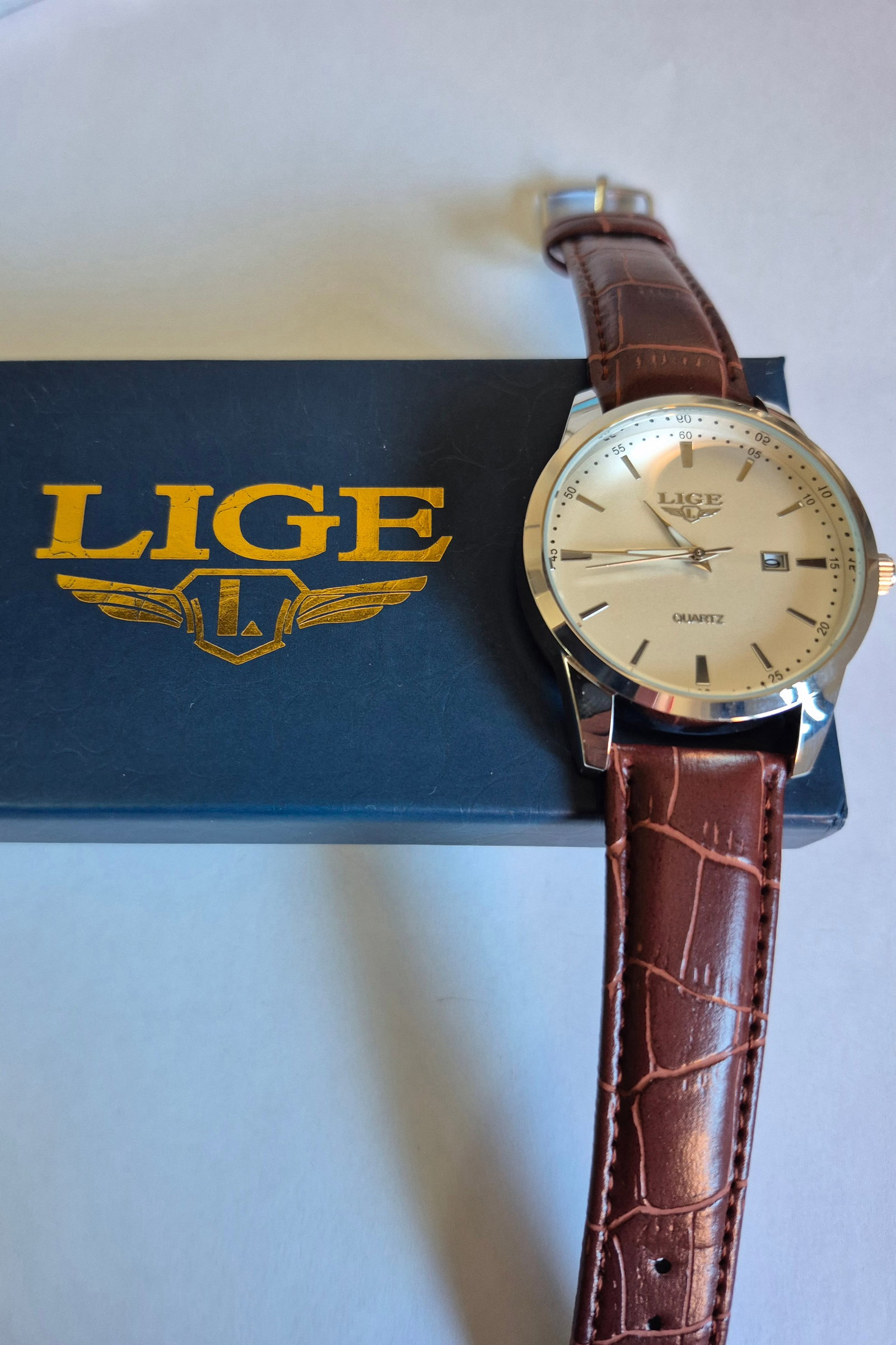 LIGE Men's Quartz Wristwatch With Date Display – Brown Leather Strap – Boxed - 4