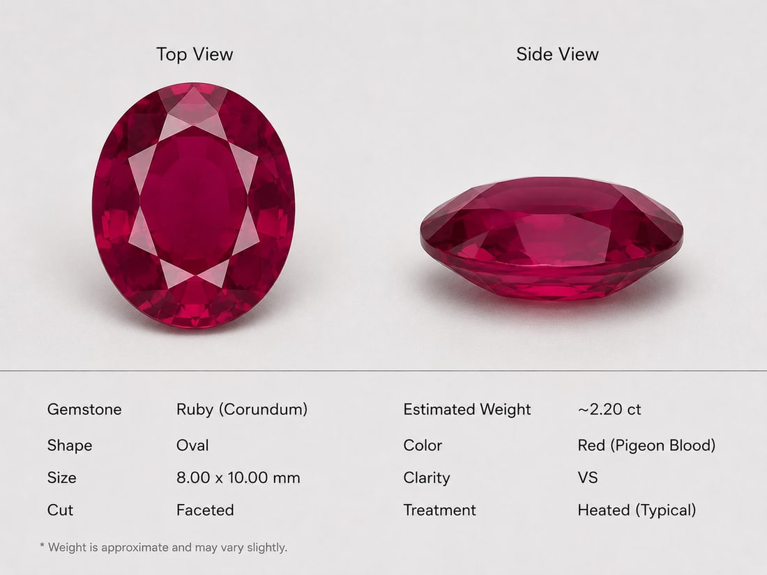 Natural Heated Ruby (Corundum) 2.20 Ct Oval Cut 10x8 mm Red Gemstone: Title: Natural Heated Ruby (Corundum) 2.20 Ct Oval Cut 10x8 mm Red Gemstone Description: Beautiful natural Ruby (Corundum) featuring a rich deep red color and classic oval faceted cut. This