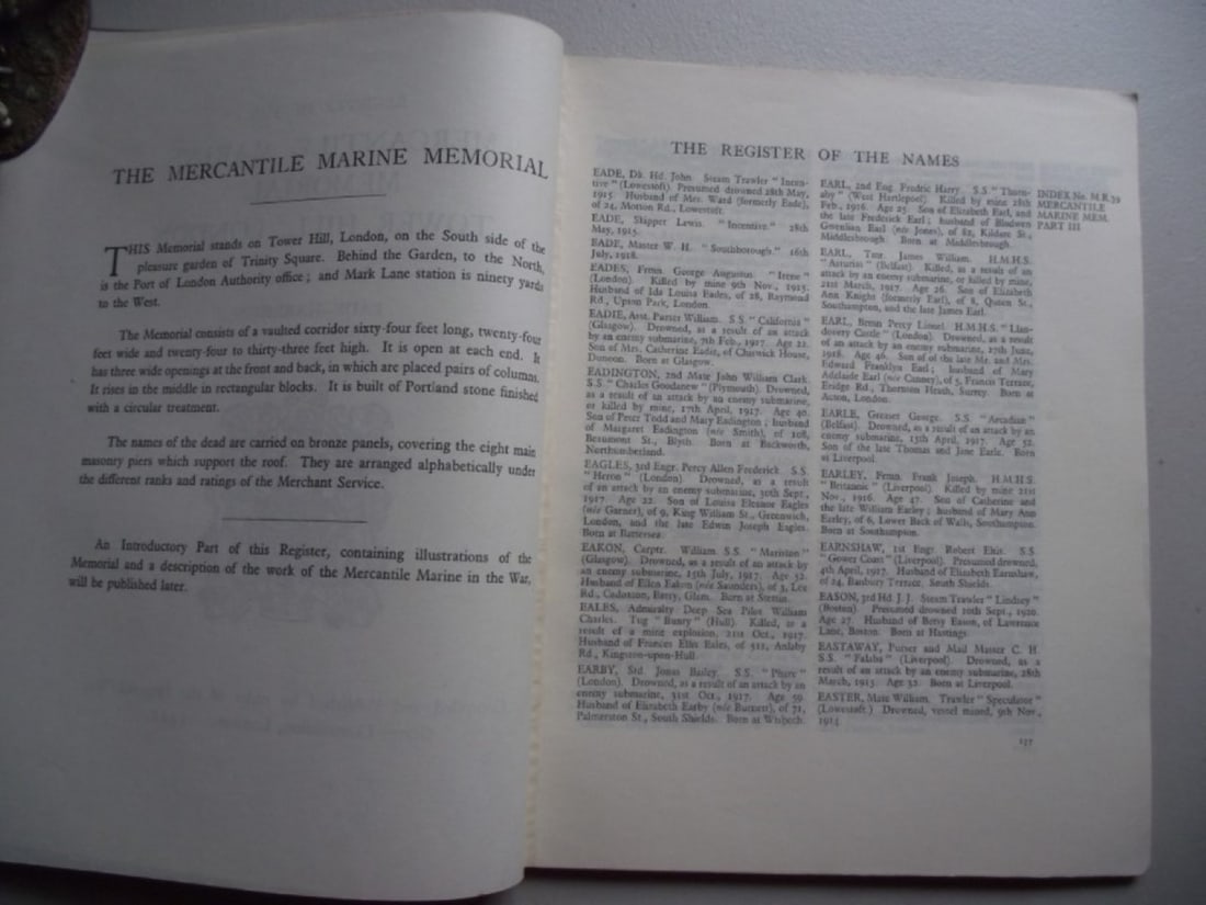 Memorial Register of The Mercantile Marine Memorial Tower Hill, London 1928 - Complete - 15