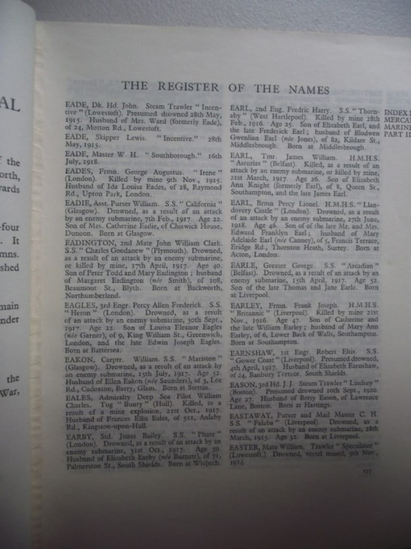 Memorial Register of The Mercantile Marine Memorial Tower Hill, London 1928 - Complete - 16