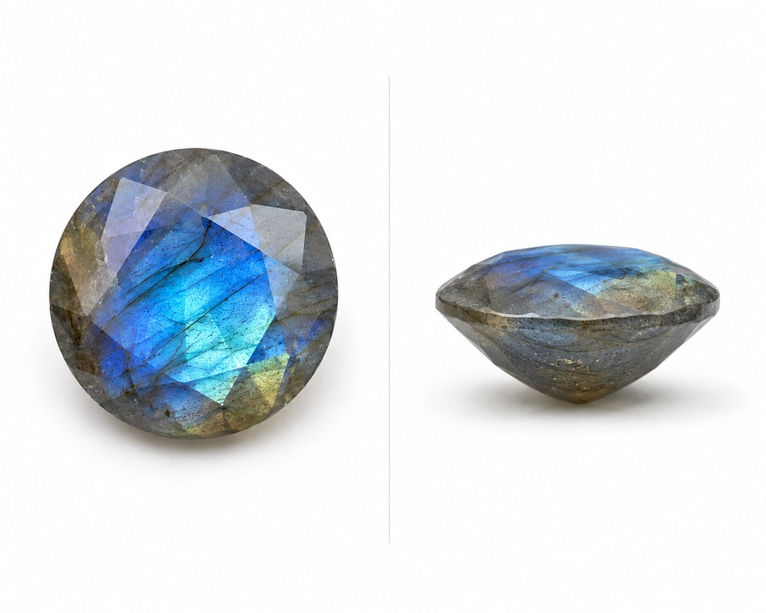 Natural Labradorite Round Faceted Gemstone 7mm: Title: Natural Labradorite Round Faceted Gemstone 7mm Description: Beautiful natural labradorite gemstone featuring a round faceted cut and the stone's famous blue flash (labradorescence). The