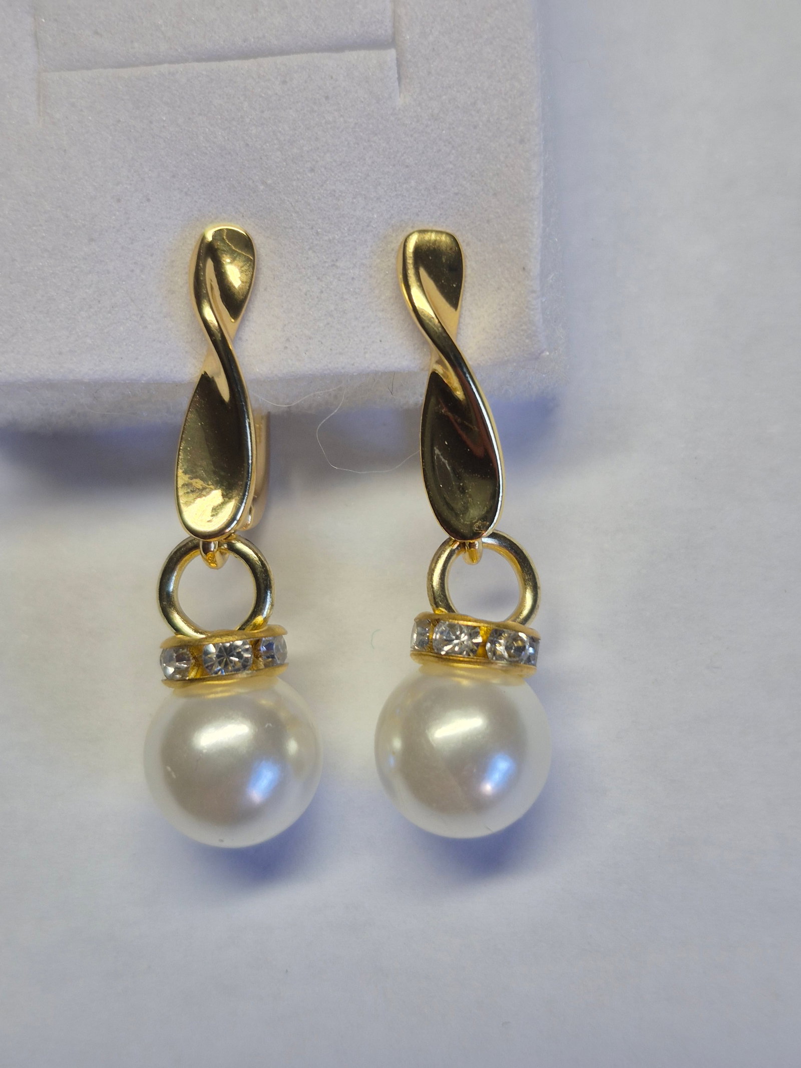Gold Plated Pearl Drop Earrings With Crystal Accents - 2