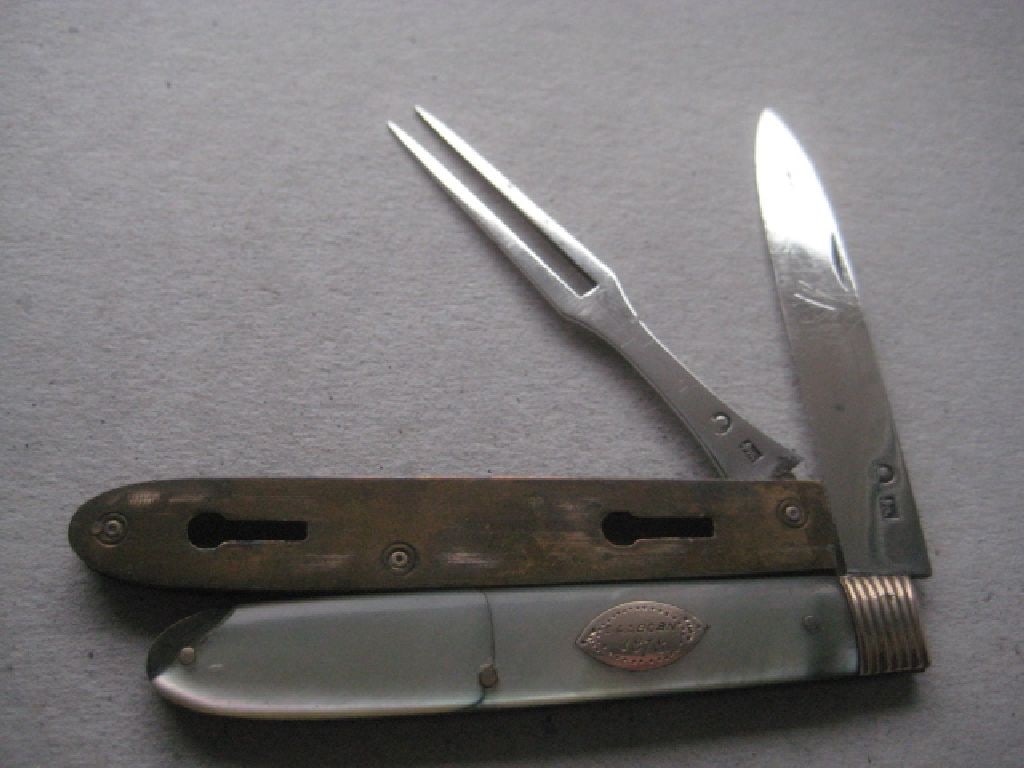 Rare George III Gold Mounted Slotting Silver Bladed Folding Fruit Knife and Folding Fork - 5