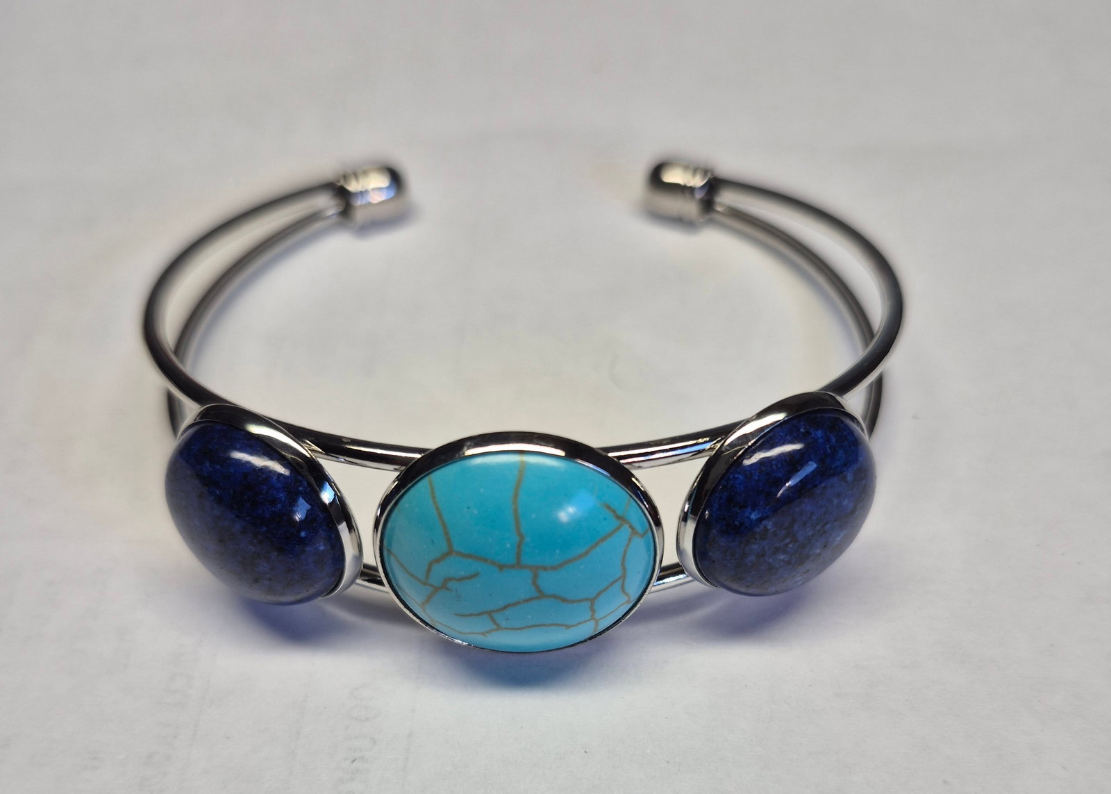 Stainless Steel Open Cuff Bracelet With Turquoise & Blue Stone Cabochons - 2