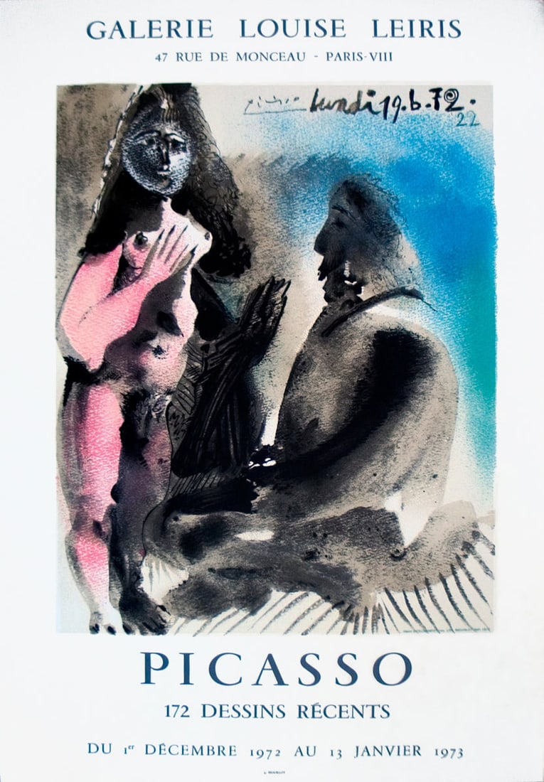 Pablo Picasso Very Rare Original 1972 Exhibition Poster '172 Dessins Recents' Cert.: Title: Pablo Picasso Very Rare Original 1972 Exhibition Poster '172 Dessins Recents' Cert. Description: This original exhibition poster was designed and printed by Mourlot, for Picasso's exhibition