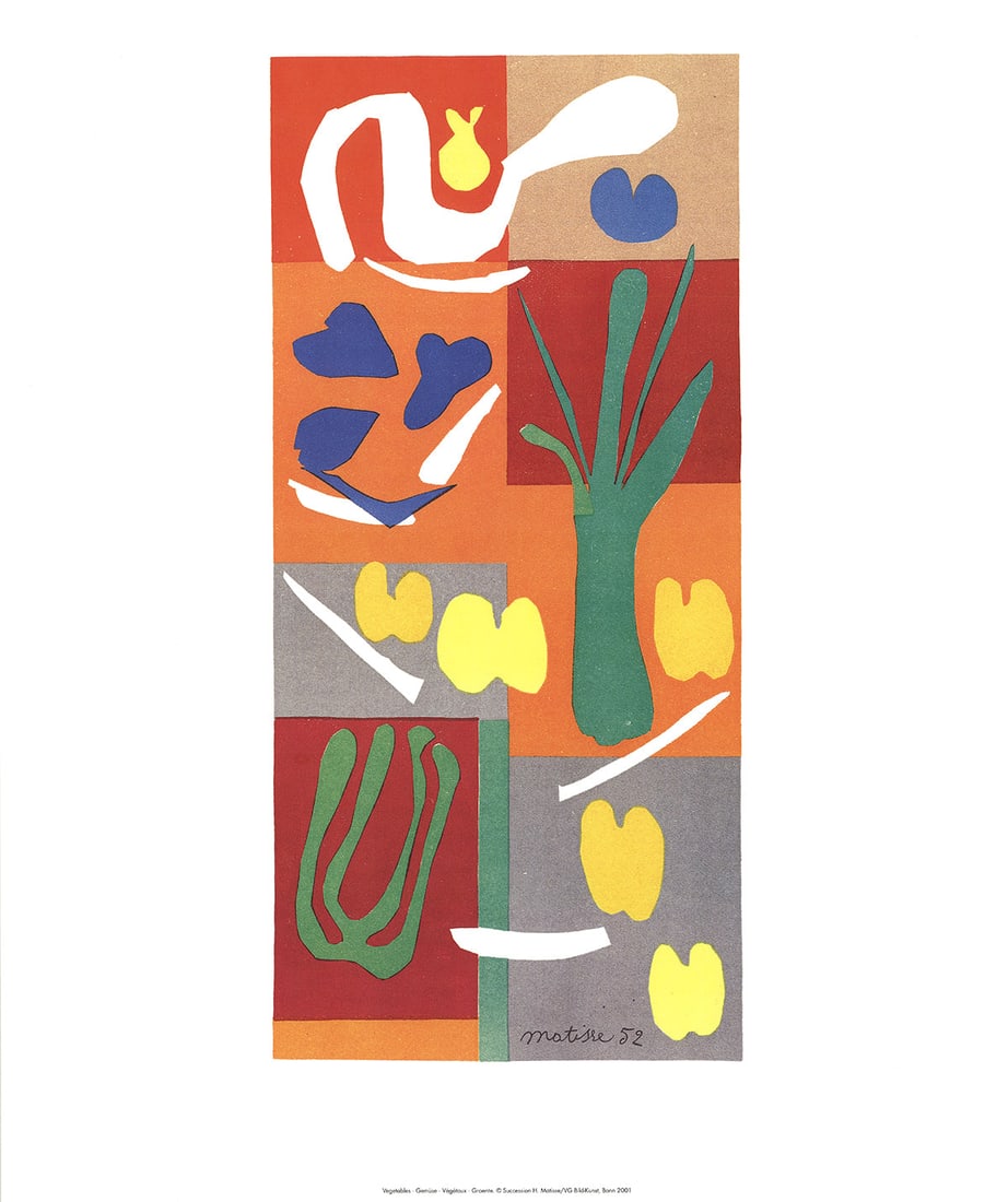 Henri Matisse 'Vegetables' 2001: Title: Henri Matisse 'Vegetables' 2001 Description: This reproduction of 'Vegetables' Henri Matisse, a vibrant painting from his studio in Nice, was published in 2001. Featuring bold, bright,