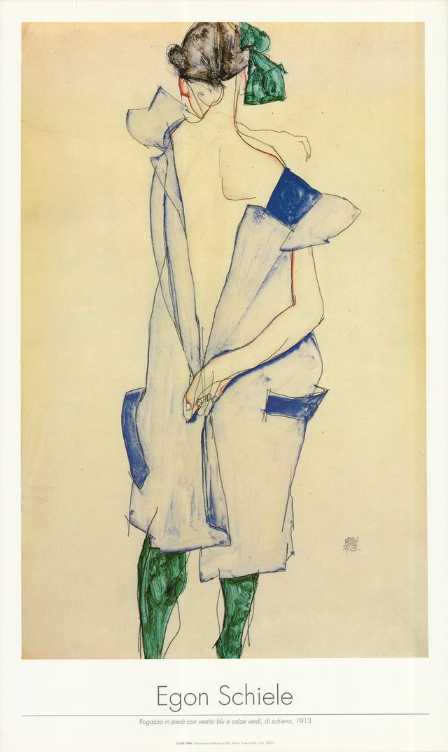 Egon Schiele 'Girl Standing In Blue Dress and Green Stockings. Back View' 1994: Title: Egon Schiele 'Girl Standing In Blue Dress and Green Stockings. Back View' 1994 Description: Original exhibition-quality poster featuring 'Girl standing in Blue Dress and Green Stockings Back