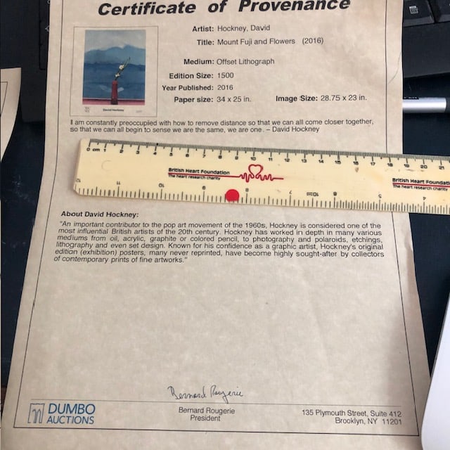 David Hockney ""Mount Fuji and Flowers' 2016 Certificate of Provenance (Copy) - 2