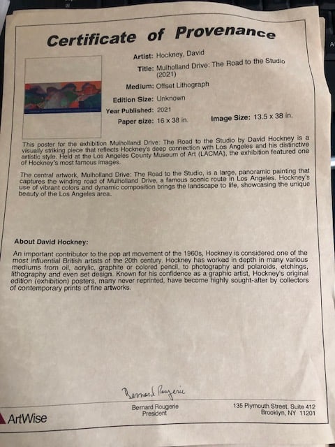 David Hockney 'Mullholland Drive; The Road To The Studio' 2021 Certificate of Provenance - 4