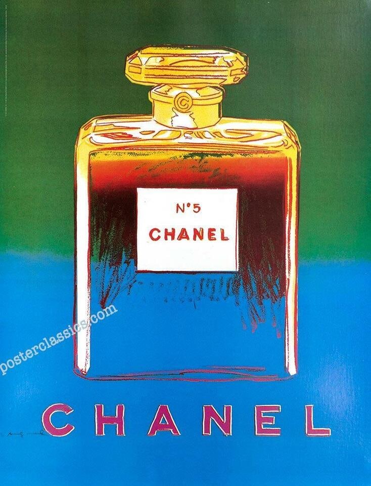 Andy Warhol Original Chanel No 5 Poster. Green/Blue 1997: Title: Andy Warhol Original Chanel No 5 Poster. Green/Blue 1997 Description: Original Andy Warhol Chanel No. 5 Poster Green/Blue 1997. On linen-backed wove stock. This iconic poster was