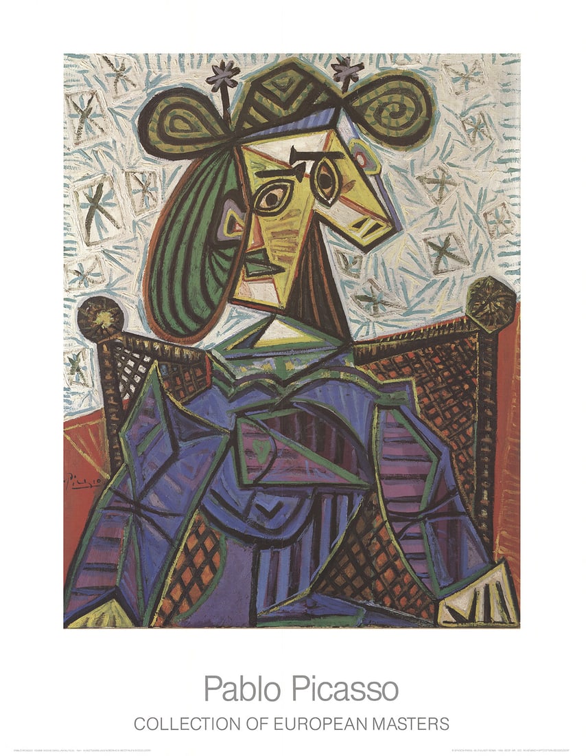 Pablo Picasso - Femme Assise Dans Un Fauteuil 1995: Title: Pablo Picasso - Femme Assise Dans Un Fauteuil 1995 Description: A high-quality reproduction of Picasso's Femme Assise Dans Un Fauteuil showcases Picasso's masterful depiction of form and