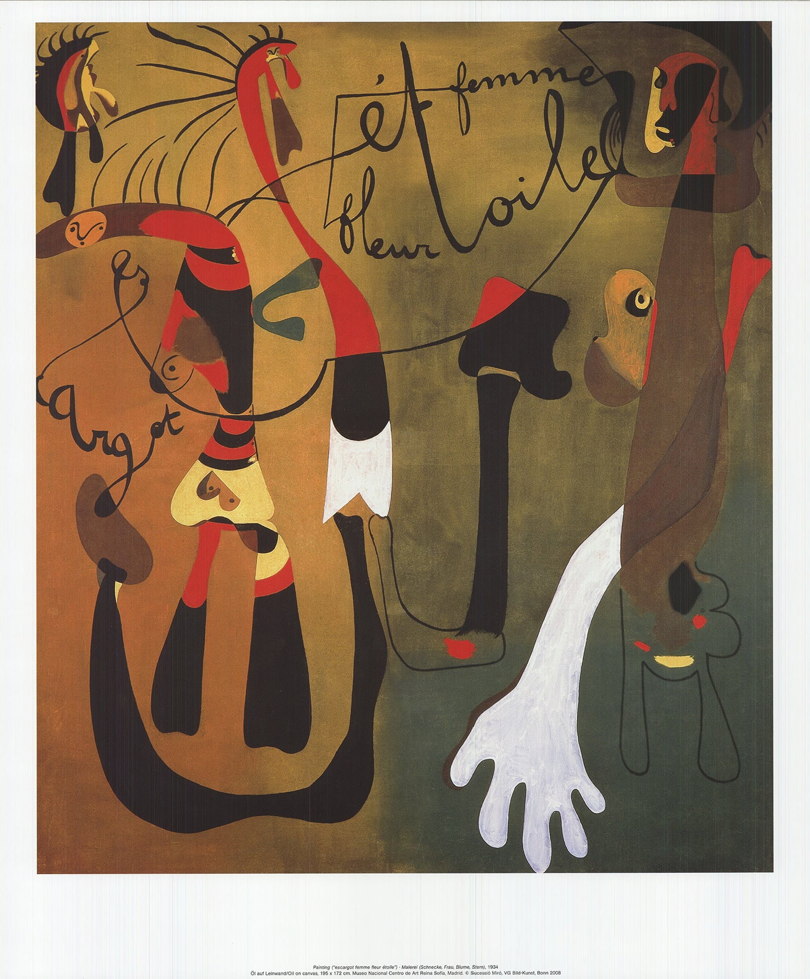 Joan Miro Painting (Escargo Femme Fleur Etoile) 2010: Title: Joan Miro Painting (Escargo Femme Fleur Etoile) 2010 Description: Joan Miro's painting (Escargot femme fleur etoile) is a vibrant and poetic composition that embodies his signature surrealist