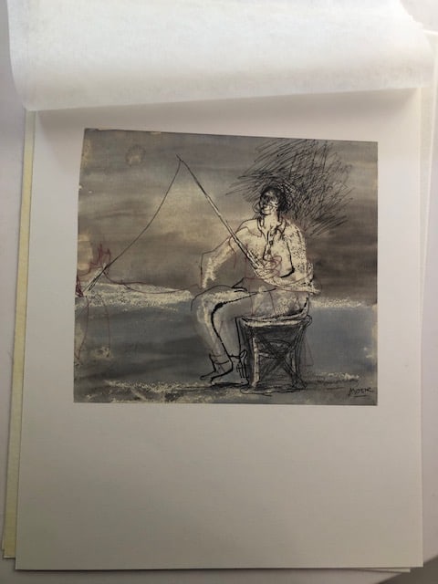 Rare Henry Moore Lithograph 'Man Fishing' 1983: Title: Rare Henry Moore Lithograph 'Man Fishing' 1983 Description: Rare offset lithograph from Seat Edizzioni portfolio curated by Carmine Benincasa in Turin in 1982. 52 x 37 cms. Heavy