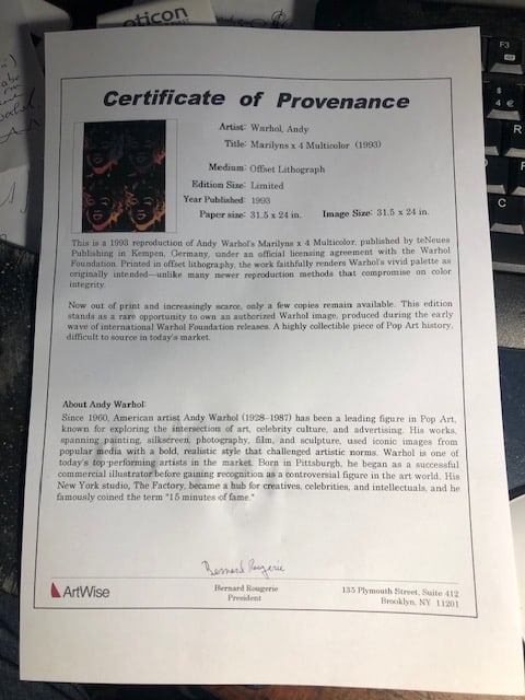 Andy Warhol 'Marilyns x 4 Multicolour' 1993 Certificate of Provenence - 5