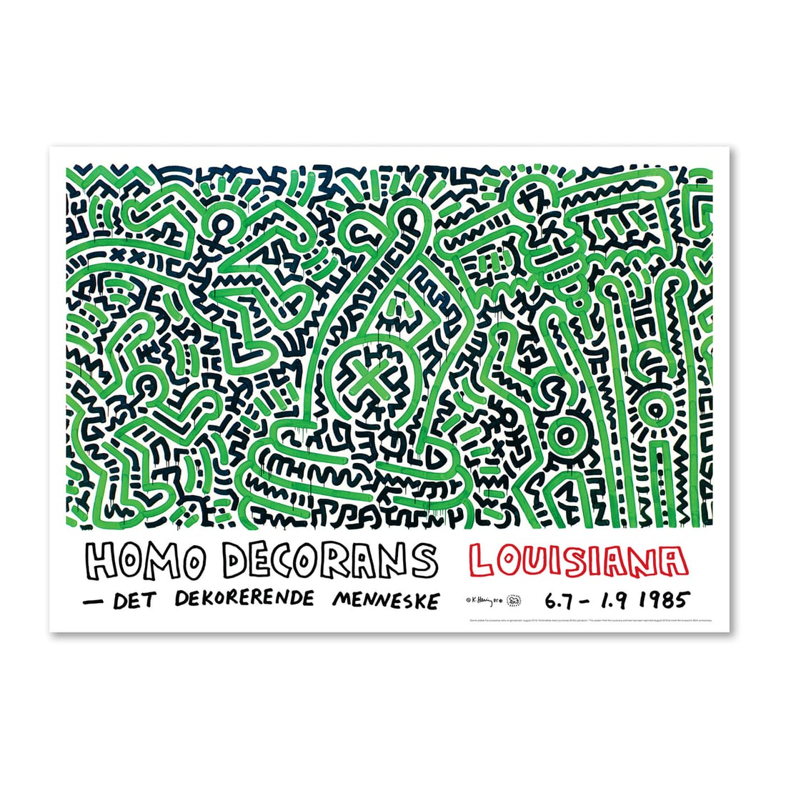 Keith Haring (1958-1990) Exhibition Poster.: Title: Keith Haring (1958-1990) Exhibition Poster. Description: Exhibition Poster titled 'Homo Decorans' for exhibition held at ````louisian Museum of Art in Denmark in 1985. Reprint of