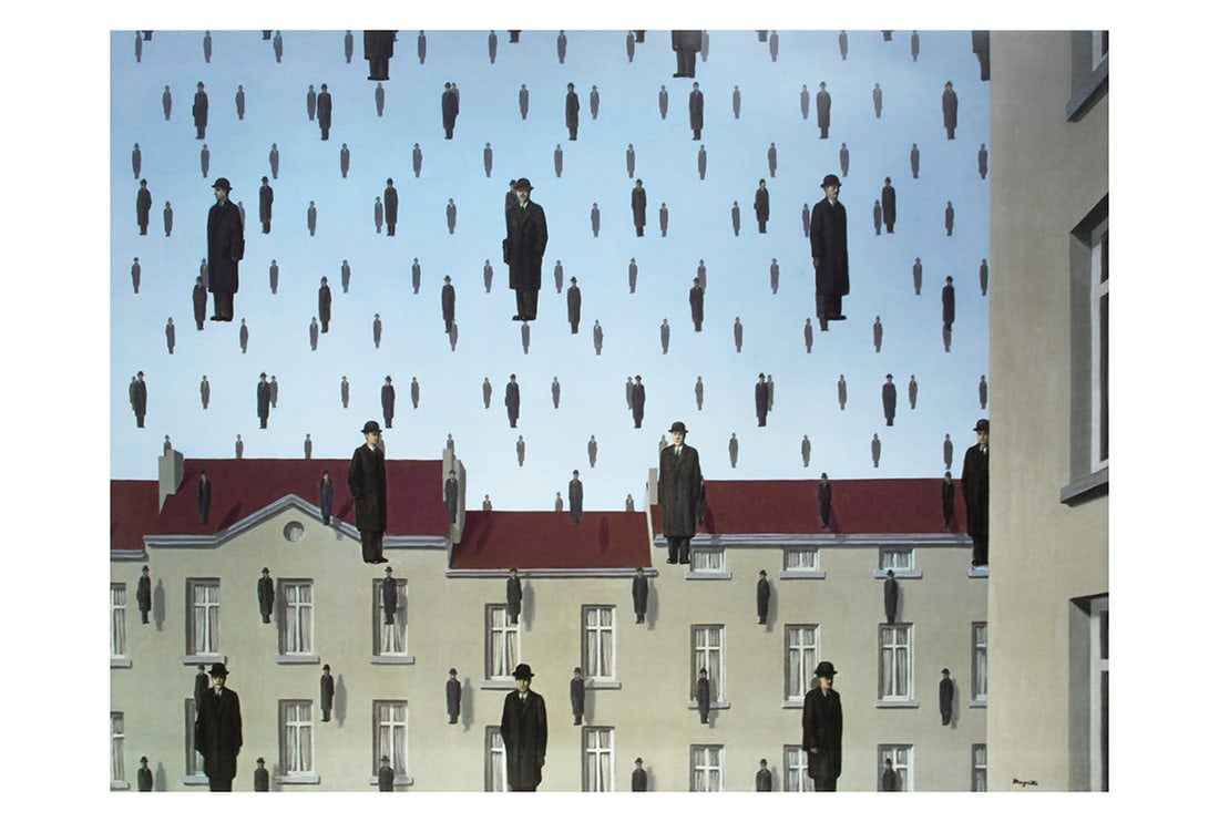 Large Rene Magritte 'Golconde' 2013: Title: Large Rene Magritte 'Golconde' 2013 Description: Large Rene Magritte ""Golconde'. This reproduction of the painting by Magritte is the only authorised and approved copy in its current