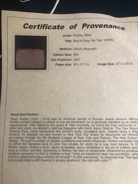 Mark Rothko 'Blue and Grey' 2005. Certificate of Provenance - 2