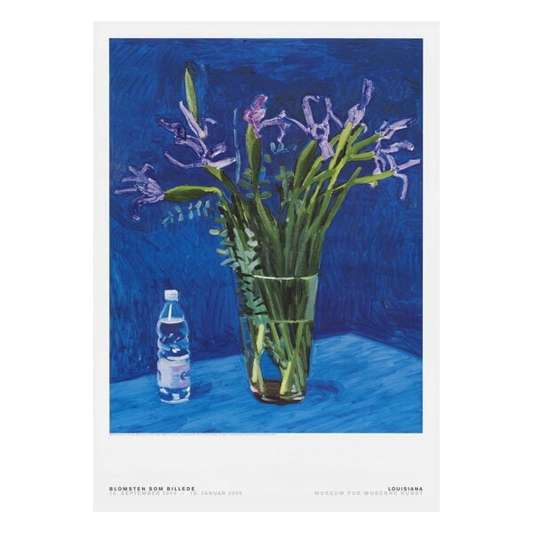 David Hockney 'Iris With Evian Bottle' Exhibition Poster: Title: David Hockney 'Iris With Evian Bottle' Exhibition Poster Description: Louisiana poster with the work 'Iris with Evian bottle' 1988 published for an exhibition in 2004/5. David Hockney is