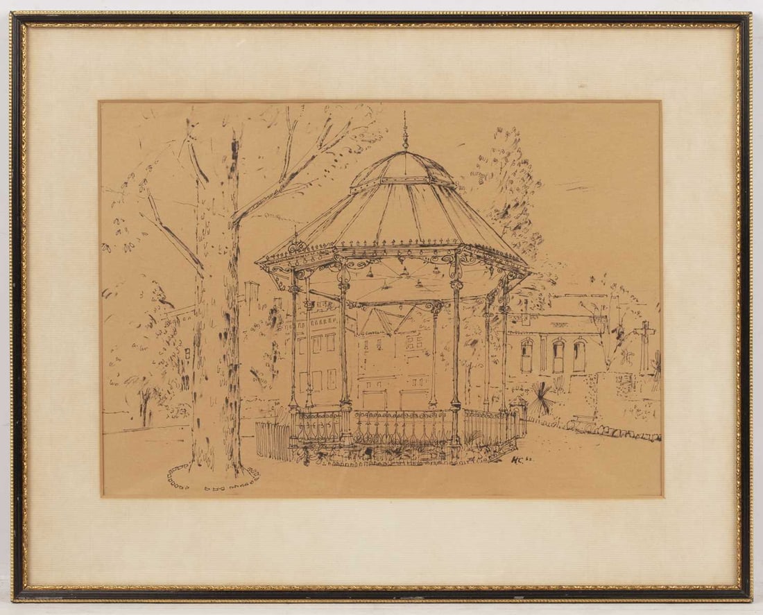Sir Hugh Casson 'Bandstand': Title: Sir Hugh Casson 'Bandstand' Description: Sir Hugh Casson (1919-1999). 'Bandstand' Delightful Pen and ink drawing. Signed with initials and dated '62. 25 x 35 cms. 