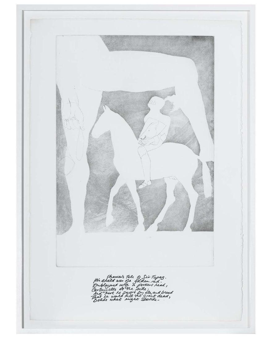 Elizabeth Frink (1930-1993) 'Chaucer's Tale of Sir Topaz': Title: Elizabeth Frink (1930-1993) 'Chaucer's Tale of Sir Topaz' Description: Elizabeth Frink. 'Chaucer's Tale of Sir Topaz' Etching from Canterbury Tales. On 310 gsm wove paper. 65 x 45