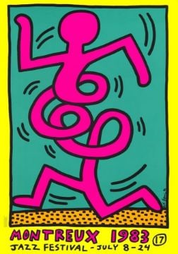 After Keith Haring Montreux Jazz Poster: Title: After Keith Haring Montreux Jazz Poster Description: Restrike of 1983 Montreux Jazz Poster (Yellow). Offset lithograph. Signed in plate. 85 x 60 cms. Vg
