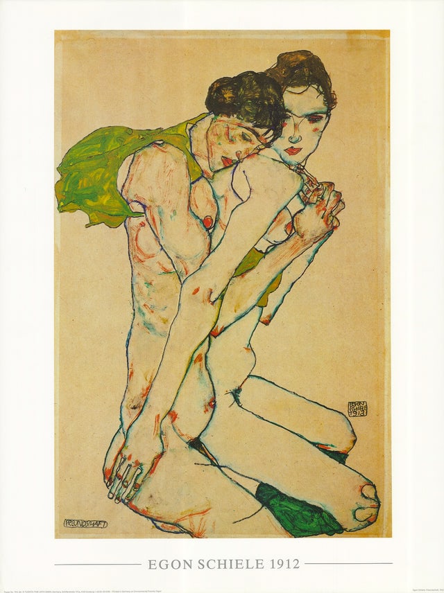 Three Egon Schiele Posters. 1997: Title: Three Egon Schiele Posters. 1997 Description: Three (3) iconic works after Egon Schiele. "Friendship', 'Girl standing in Blue Dress and Green Stockings' and 'Girl with Green