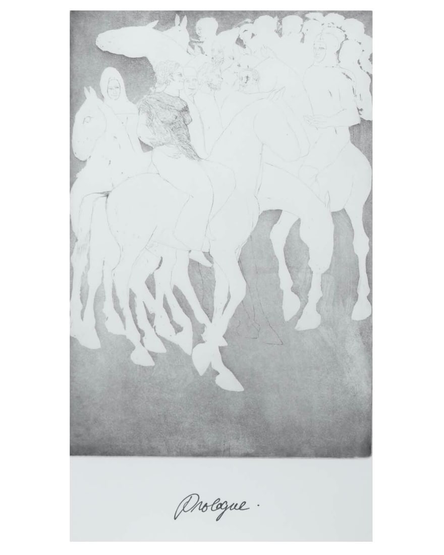Elizabeth Frink - 'Prologue' Etching From Chaucer's Canterbury Tales. 1972: Title: Elizabeth Frink - 'Prologue' Etching From Chaucer's Canterbury Tales. 1972 Description: Dame Elizabeth Frink (1930-1993). 'Prologue' with text from Chaucer's Canterbury Tales. Etching on J.