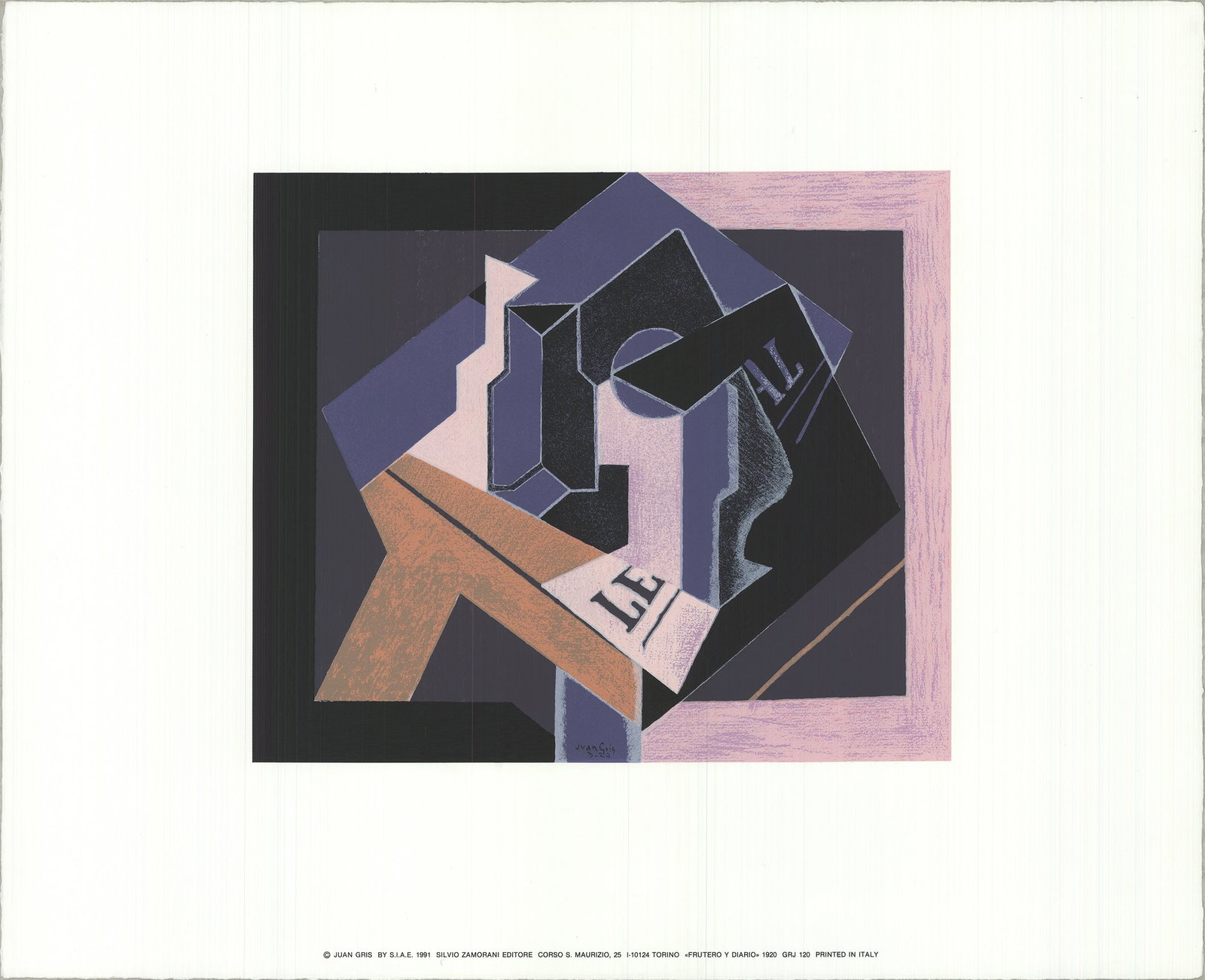 Juan Gris 'Fruit Bowl and Diary' 1981: Title: Juan Gris 'Fruit Bowl and Diary' 1981 Description: High quality serigraph reproduction of 1920 work. A key work of Synthetic Cubism. Printed in Itlyl on 250 gsm fine art