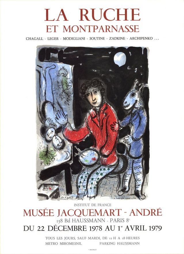 Marc Chagall - La Ruche 1979: Title: Marc Chagall - La Ruche 1979 Description: This lithograph, titled 'La Ruche' was printed by Mourlot for Marc Chagall's 1979 exhibition at the Musee Andre in Paris. It portrays Chagall at