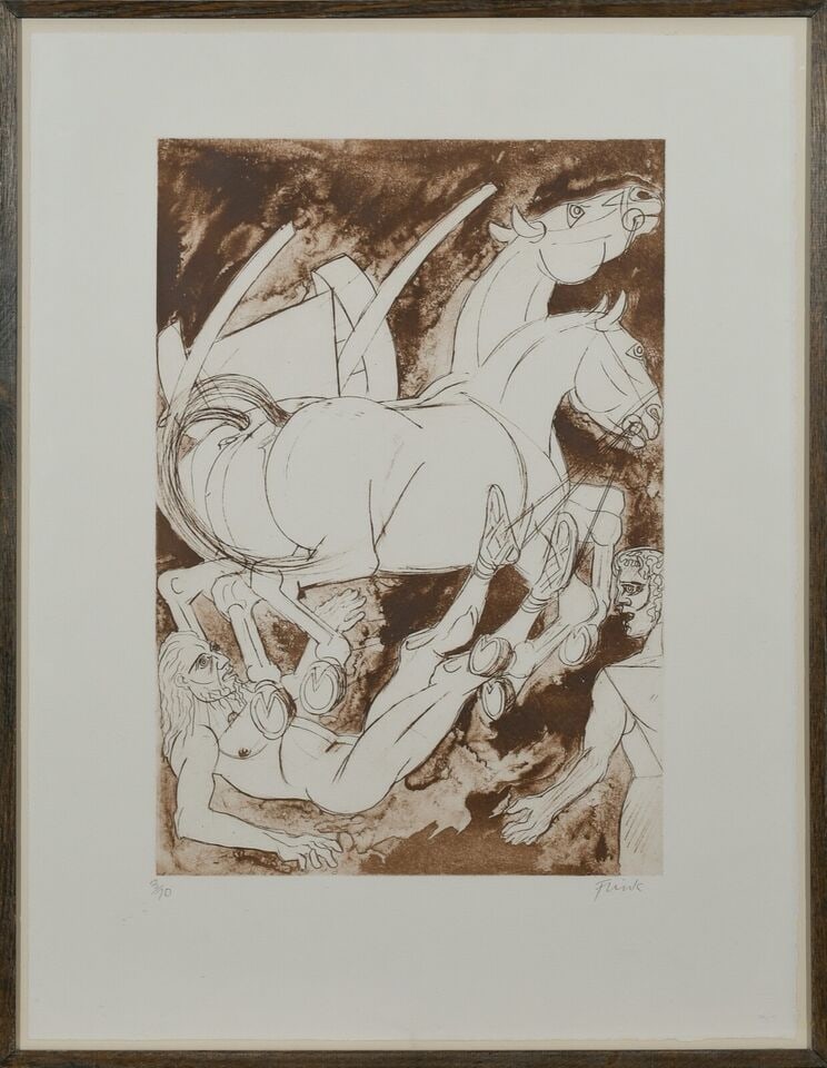 Elizabeth Frink - 'Laos and Oedipus' 1900 Etching. Signed and Numbered.: Title: Elizabeth Frink - 'Laos and Oedipus' 1900 Etching. Signed and Numbered. Description: Dame Elizabeth Frink (1930-1993) titled 'Laos and Oedipus' from 'Children of Gods' series. Sepia