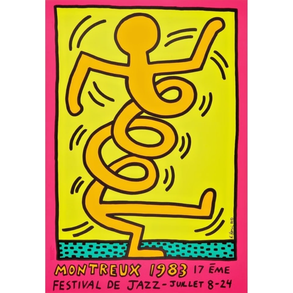 Authentic Screenprint of Keith Haring's 1983 Montreux Jazz Festival Poster,: Title: Authentic Screenprint of Keith Haring's 1983 Montreux Jazz Festival Poster, Description: The full size 70 x 100 cms screen print designed by Keith Haring for the 1983 Montreux Jazz Festival