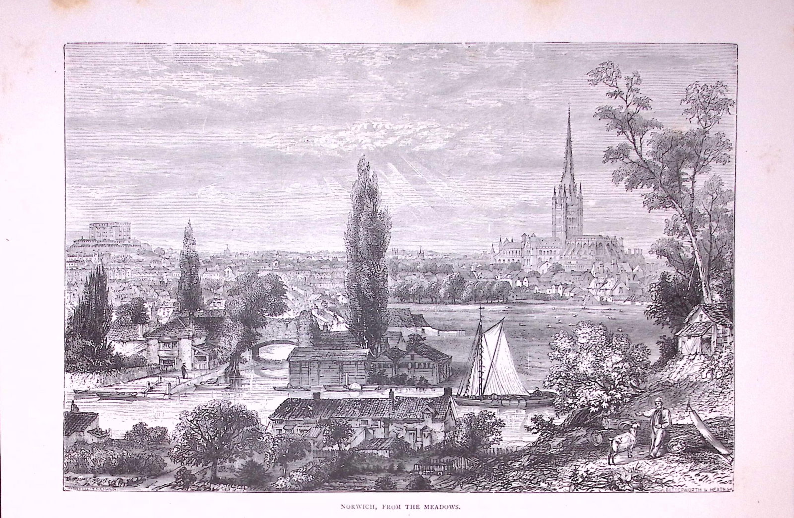 View of Norwich City From the Meadows Antique 147 Years-Old Illustration-3: Title: View of Norwich City From the Meadows Antique 147 Years-Old Illustration-3 Description: This Antique Illustration Was Removed from a 147-Year-Old Edition of. English Pictures Drawn with