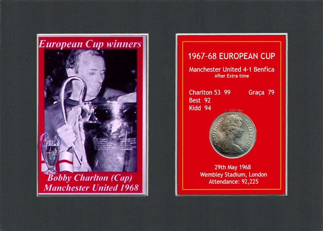 Bobby Charlton Manchester United 1968 European Cup Mounted Coin Metal Art: Title: Bobby Charlton Manchester United 1968 European Cup Mounted Coin Metal Art Description: Consists of a Genuine 1968 Ten Pence Piece. The Year Man United Became the First English Club to Win the