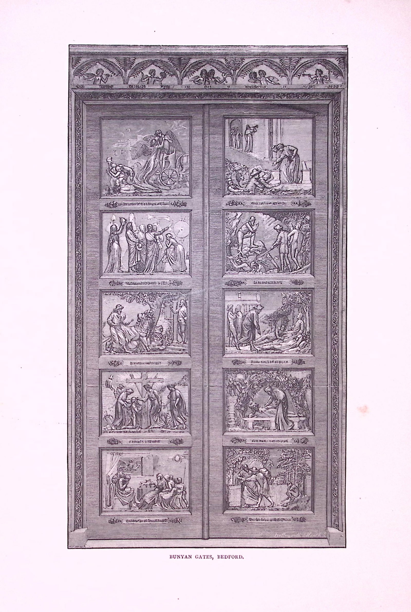 Bunyan Gates Bedford Antique 147 Years-Old Illustration-14: Title: Bunyan Gates Bedford Antique 147 Years-Old Illustration-14 Description: This Antique Illustration Was Removed from a 147-Year-Old Edition of. English Pictures Drawn with Pen & Paper 1879