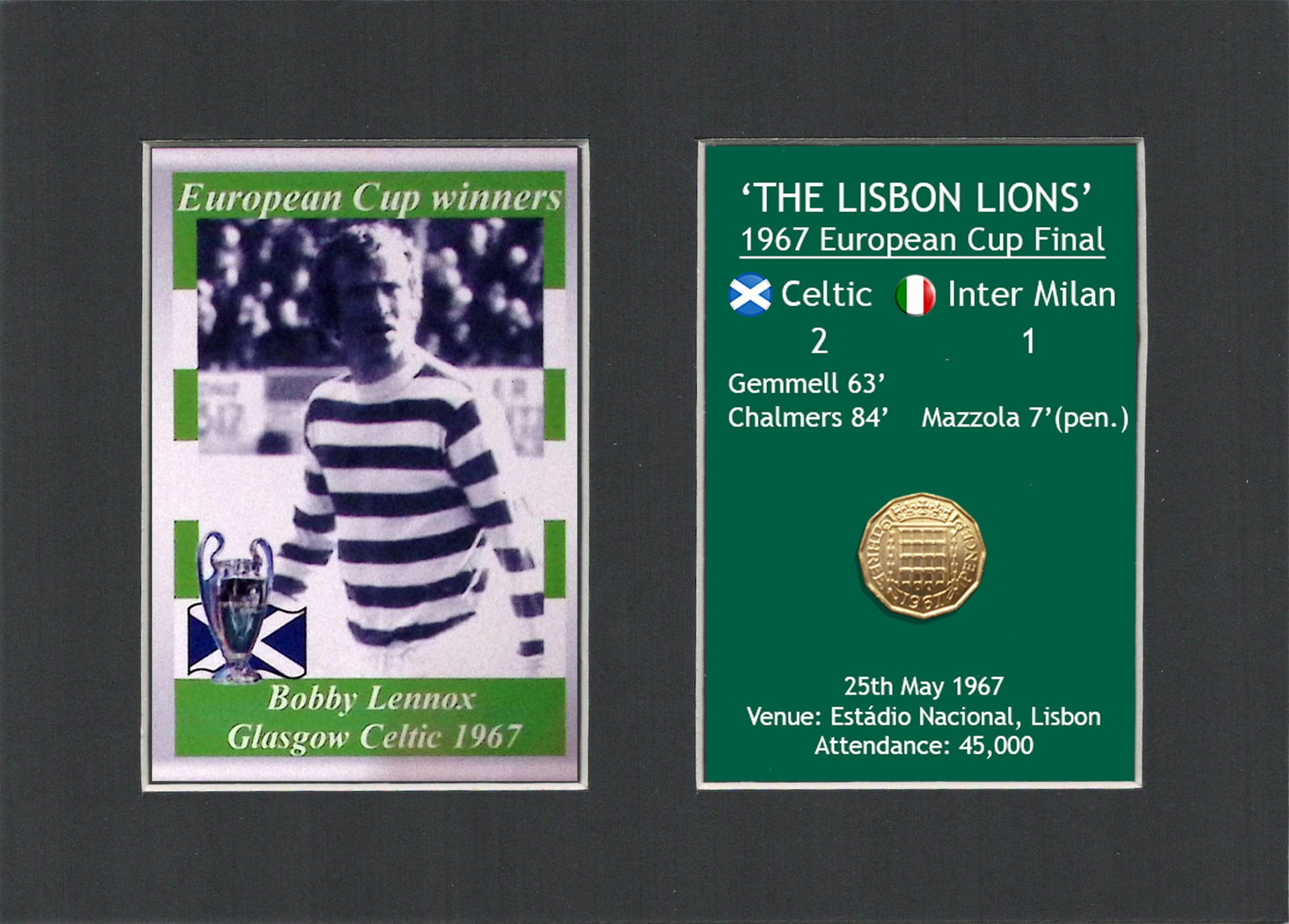 Bobby Lomax Celtic FC European Cup Mount & Original Half-Crown Coin Metal Art: Title: Bobby Lomax Celtic FC European Cup Mount & Original Half-Crown Coin Metal Art Description: Consists of a Genuine 1967 Threepenny Piece. The Year Celtic Became the First British Club to win