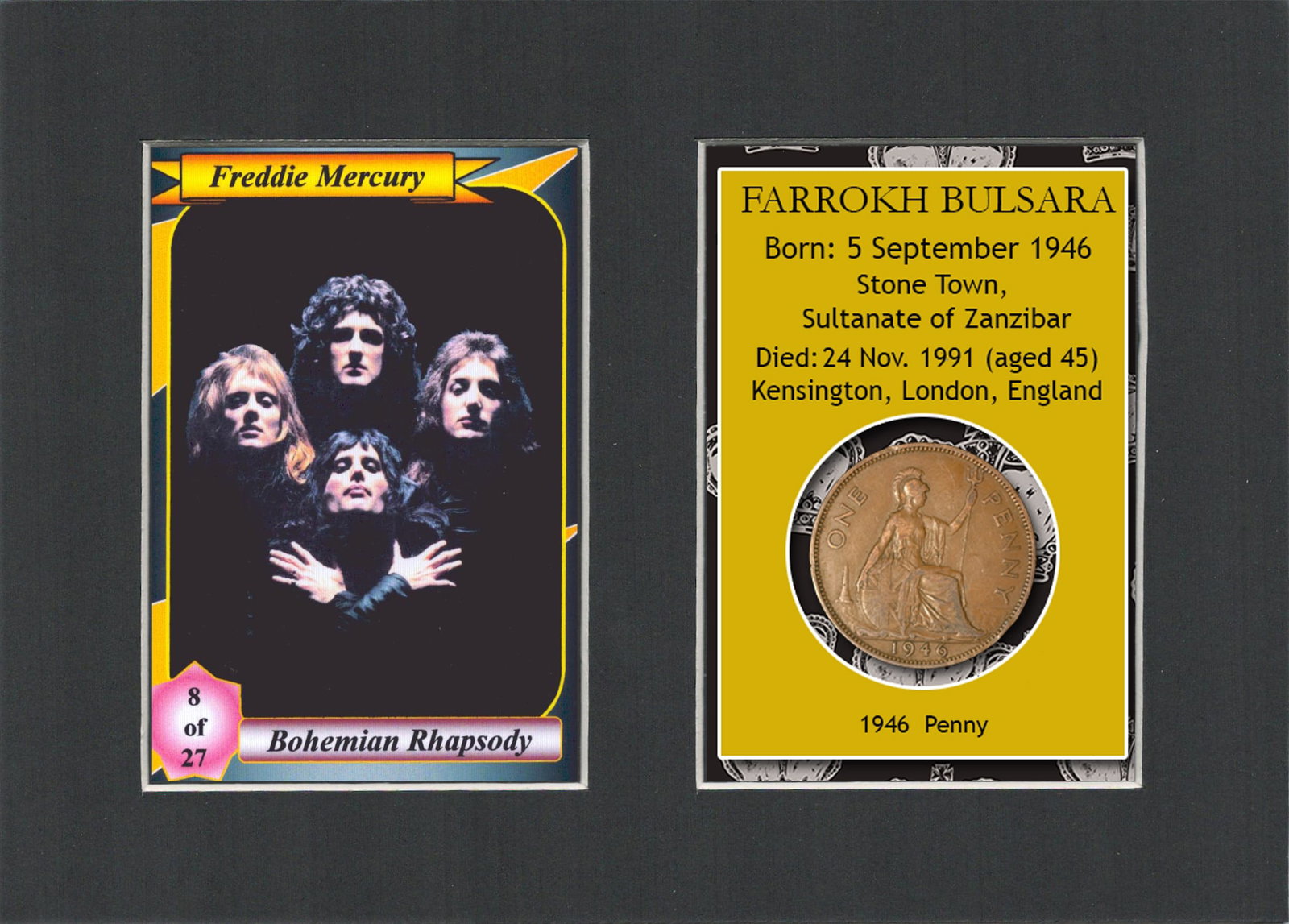 Freddie Mercury Mounted Original 1946 Penny Metal Display Gift Set.: Title: Freddie Mercury Mounted Original 1946 Penny Metal Display Gift Set. Description: Consists of a Genuine 1946 Penny the Year of His Birth. And Mounted with a Collectors Card This Collectable