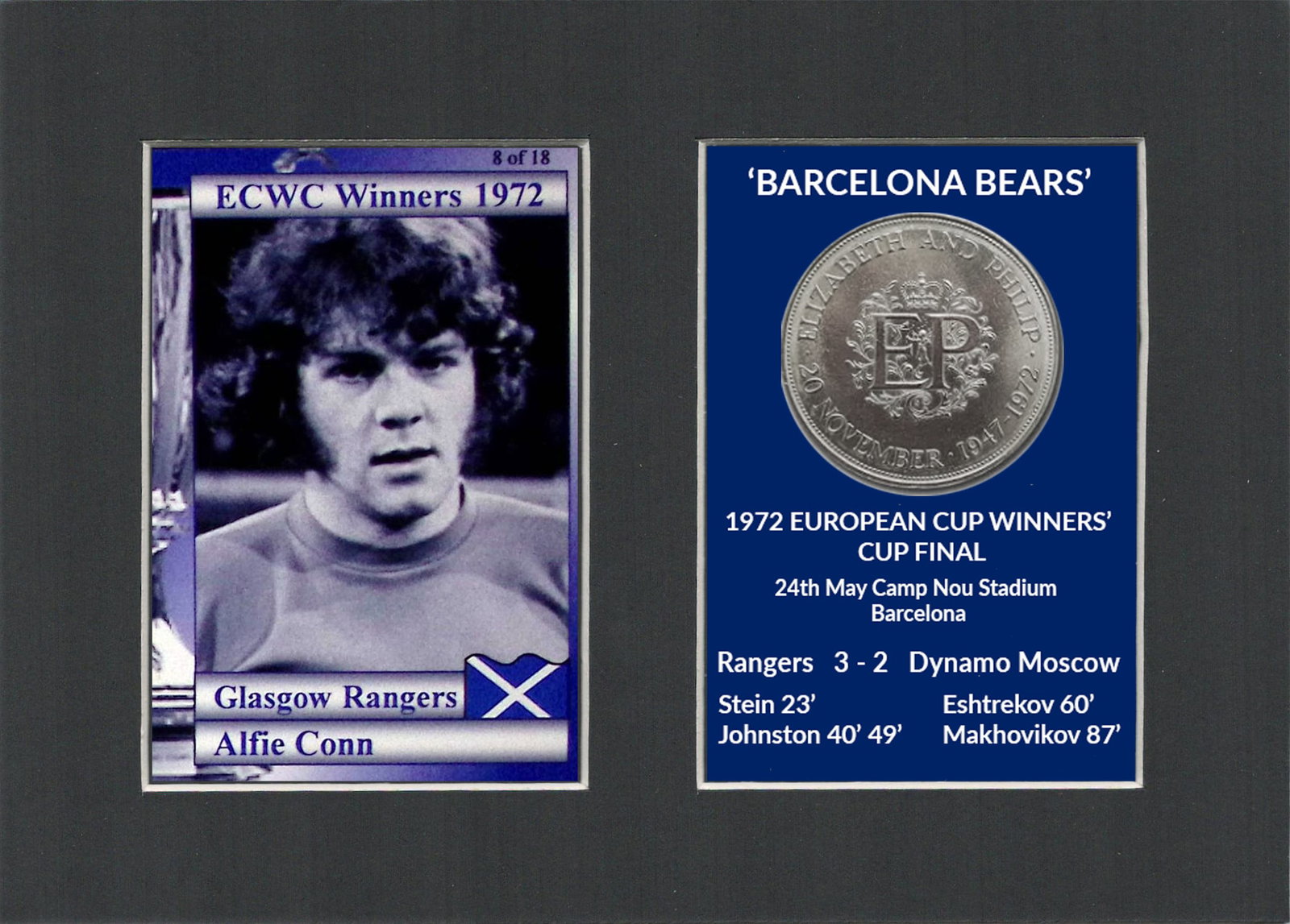 Alfie Conn Rangers FC Wins 1972 ECWC Mounted Card & Coin Metal Art Display: Title: Alfie Conn Rangers FC Wins 1972 ECWC Mounted Card & Coin Metal Art Display Description: Rangers FC Wins 1972 ECWC Mounted Card & Coin Gift Set. Consists of a Genuine 1972 Uncirculated